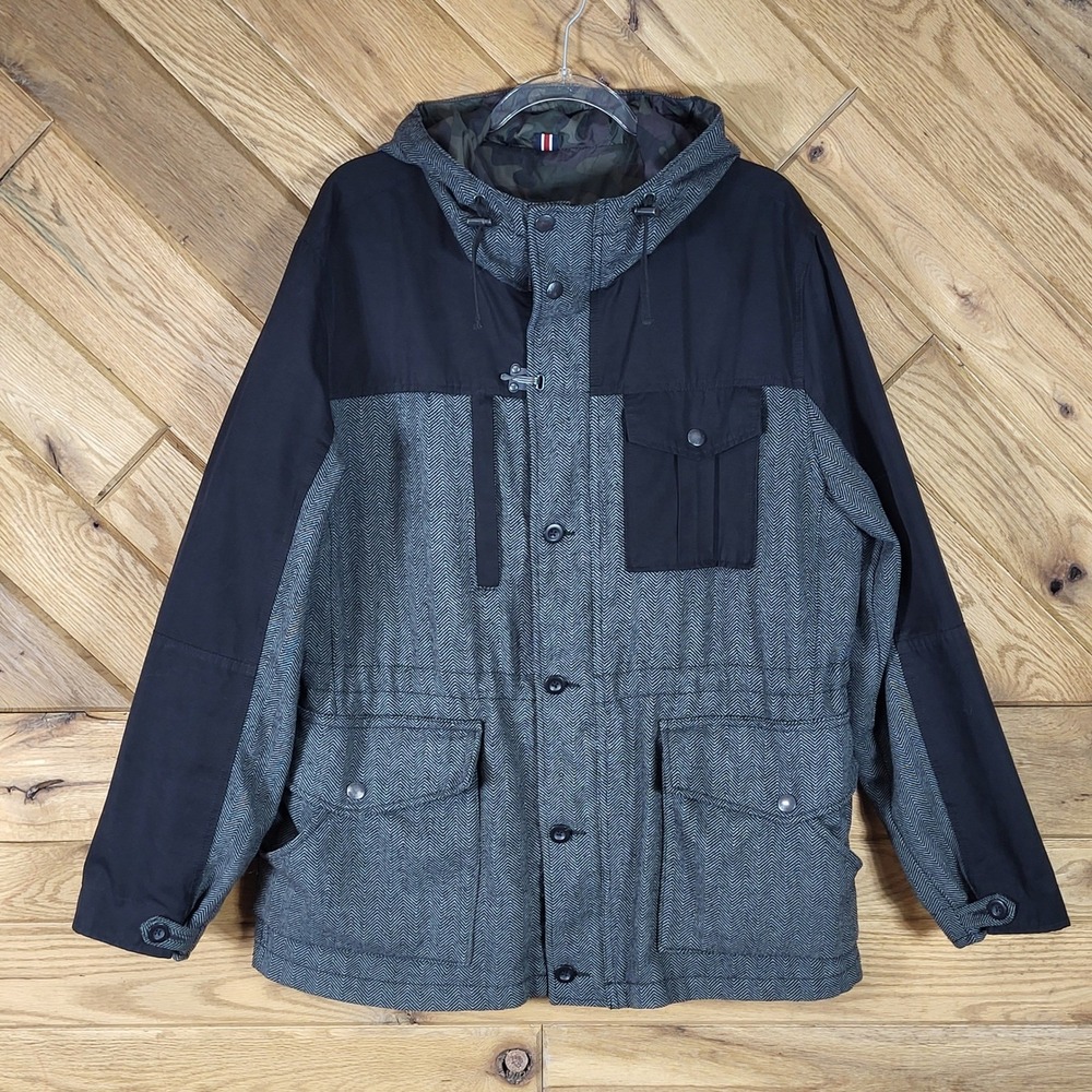 Tommy Hilfiger Jacket Mens Size XXL Herringbone Hooded Grey Black